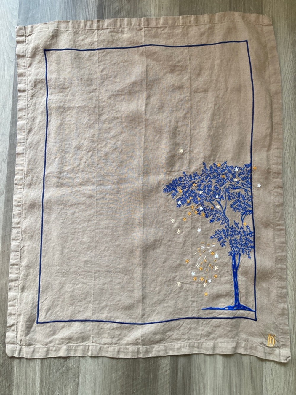Yves Delorme Paris 100% Linen Embroidered Tree & Stars Tea Towel Luxury